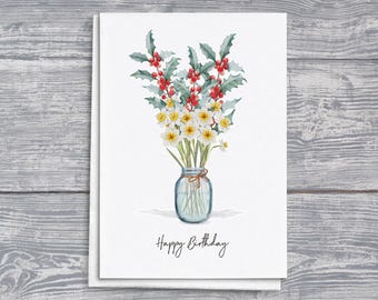 Tarjeta de cumpleaños de diciembre: Arte floriográfico de acebo y narciso