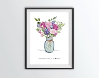 Impresión de ramo para el Día de la Madre hecha a mano: Arte floral botánico