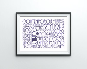 Rich Blue personalised "Words of the Kitchen" Typography kitchen print