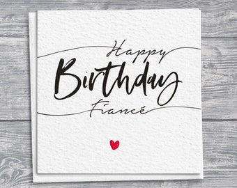 Hand Drawn Fiancé Birthday Card, Scripty Square Greeting, Red Heart Detail, Personalized Card