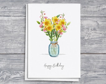 Tarjeta de cumpleaños de marzo: Floriografía de cerezos en flor y narcisos