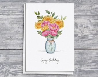 Tarjeta floral de cumpleaños de noviembre: Peonías y crisantemos