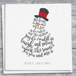 Cartão com a letra da canção Frosty the Snowman Carol, cartão de felicitações de Natal, formato de boneco de neve, detalhe de cenoura, detalhe de chapéu