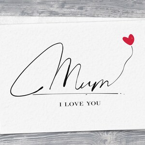 Tarjeta del día de la madre "Mamá, te amo" Tarjeta con su elegante efecto de tinta Mamá dibujada a mano y globo de corazón rojo