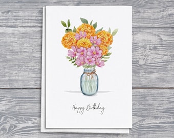 Tarjeta de cumpleaños floral de octubre: Cosmos y caléndula (tamaño A5)