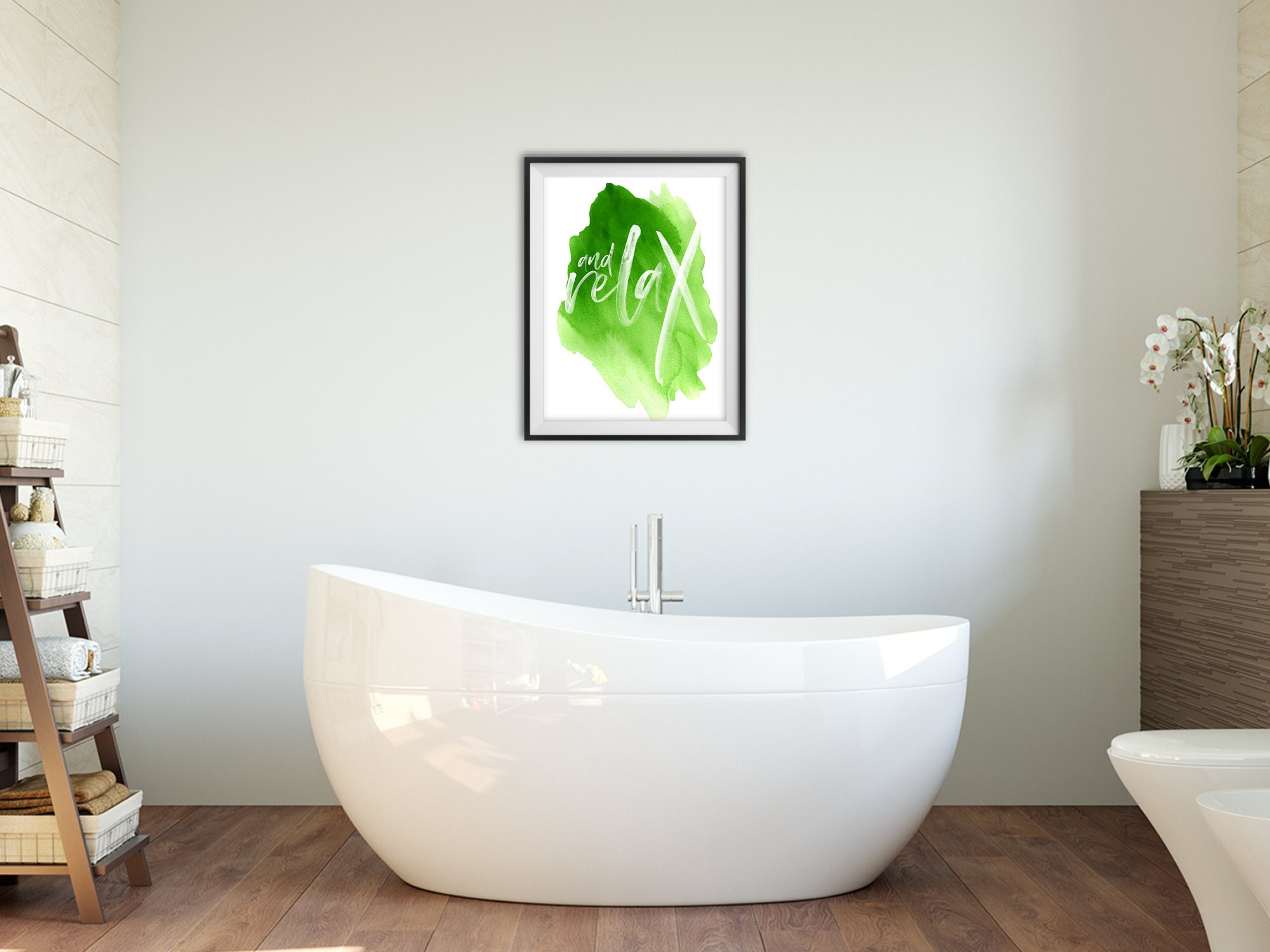 Green Bathroom wall art and Relax in un font in | Etsy