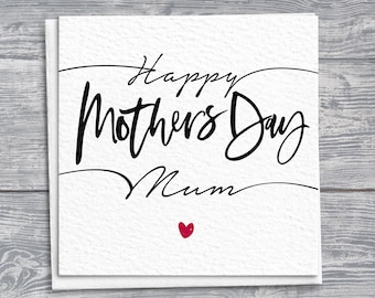 Hand-Drawn Scripty Mothers Day Greetings Card with Red Heart, Square Card, Unique Design