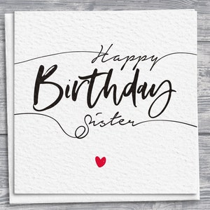 Biglietto di auguri per il compleanno della sorella, scritti disegnati a mano, biglietto quadrato con cuore rosso, biglietto personalizzato