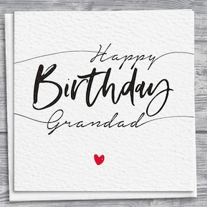 Cartão de aniversário quadrado feito à mão para o avô, design de script desenhado à mão, detalhe de coração vermelho, comemore o aniversário do avô