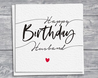 Square Handmade Birthday Card for Husband, Scripty Red Heart Detail, Personalized Greetings