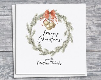 Tarjeta de Navidad personalizada: Corona y campanas de acuarela