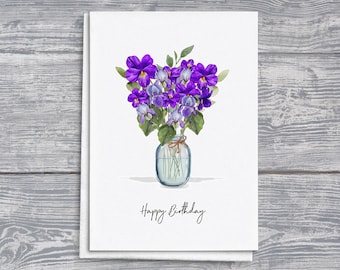 Tarjeta de cumpleaños de febrero: Saludos floriográficos de violeta e iris