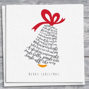 Biglietto di Natale con testo di Jingle Bells, forma di campana, dettaglio fiocco rosso, biglietto di auguri per le feste, regalo di Natale festivo