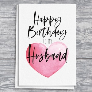 Cartão de feliz aniversário para marido, cartão de felicitações com script desenhado à mão A5, coração aquarela rosa, cartão romântico