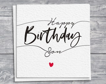 Son Birthday Greetings Card, Hand Drawn Scripty Card, Square Card with Red Heart Detail, Gift for Him
