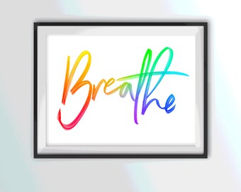 Impresión de acuarela "Breathe" de arcoíris: arte mural de yoga
