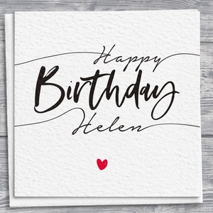 Personalisierte alles Gute zum Geburtstagkarte, Hand gezeichnete Grußkarte mit rotem Herzen, Scripty Quadrat