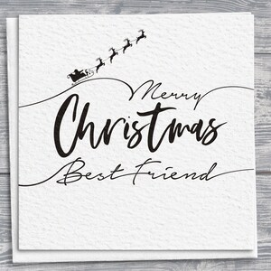 Handgezeichnete personalisierte Bester Freund Weihnachtskarte, Weihnachtsmann Schlitten & Rentier, Quadratische Karte, Feiertagsgruß