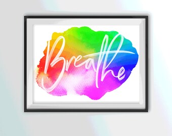 Impresión de yoga "Breathe" con acuarela arcoíris: arte de pared relajante
