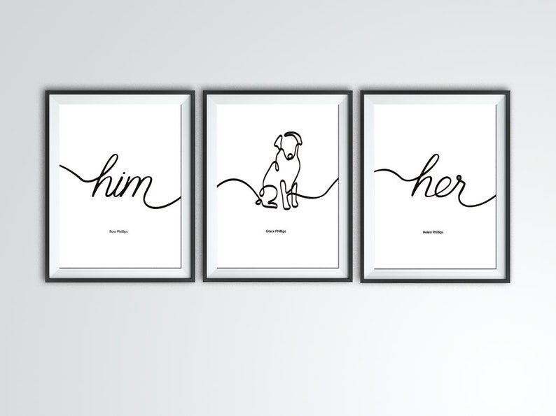 Typography Hand Drawn Dog Print, Bespoke Triple Artwork, Custom Pet Gift, Unique Wall Decor image 1