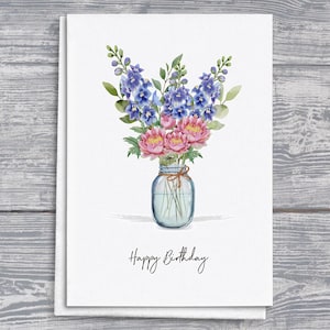 Bloemenverjaardagskaart juli, op floriografie geïnspireerde wenskaart, botanische verjaardagskaart, unieke cadeaukaart