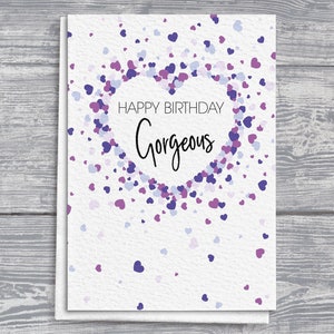 Cartão de confete de coração aquarela com espectro roxo | "Feliz aniversário, lindo" manuscrito desenhado à mão | Cartão de felicitações