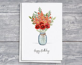 Tarjeta de cumpleaños floriográfica de agosto: amapola roja y gladiolo