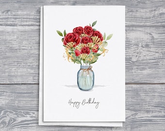 Tarjeta de cumpleaños de junio: Saludos floriográficos de rosas y madreselva