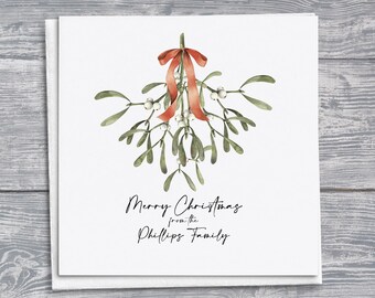 Tarjeta navideña personalizada de muérdago: saludo navideño en acuarela