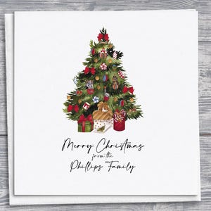 Biglietto di Natale personalizzato fatto a mano con albero di Natale e regali acquerellati, biglietto di auguri personalizzato, biglietto di auguri di Natale festoso
