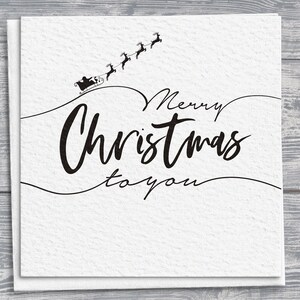 Biglietto di Natale personalizzato disegnato a mano, slitta di Babbo Natale e renne, auguri per le feste, quadrato personalizzato con scritte, regalo festivo