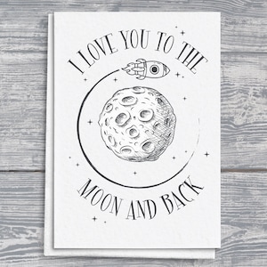 Cartão de felicitações Love You to the Moon and Back, Design de lua e foguete, Cartão de dia dos namorados