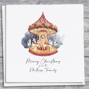 Biglietto di Natale personalizzato fatto a mano con carosello natalizio ad acquerello, biglietto di auguri personalizzato, biglietto di auguri di Natale festoso