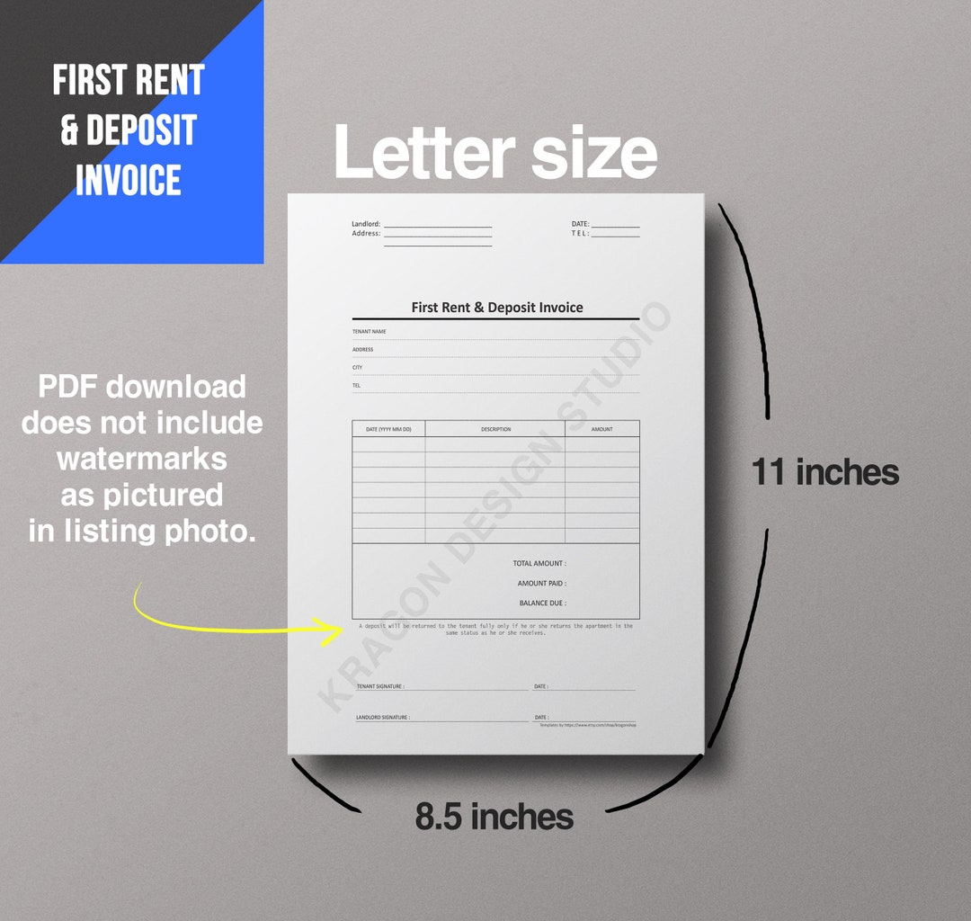 Fillable printable rent invoice pdf file digital download us letter