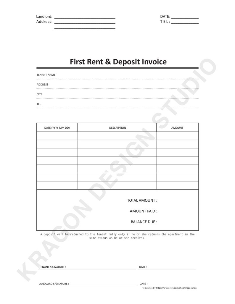 Fillable &amp; Printable Rent Invoice PDF File Digital Download US Letter ...