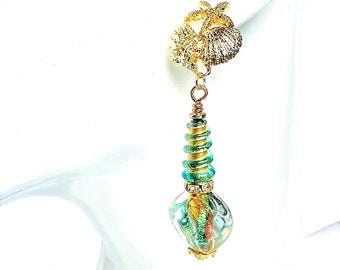Aqua, Gold, Hand Blown Murano Glass Earrings, Summer, Beach, Elegant. Venetian, Italian, Tropical, Starfish, wedding