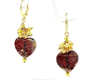 Red, 24K Gold Foil, Hand Blown, Murano Glass, Heart Earrings, Sterling post, Valentine, Love