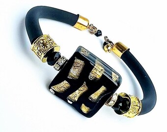 Murano Hand Blown Glass, Black, Brilliant Gold, Bracelet, Versatile, Glam, Italian, Venetian, Gift