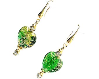 Brilliant Green, 24K Gold Foil, Murano, Venetian, Heart Earrings, Love, Friendship, Gift