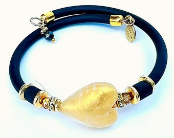 Gold Murano Glass Heart, Adjustable Band Bracelet, Love, Friendship