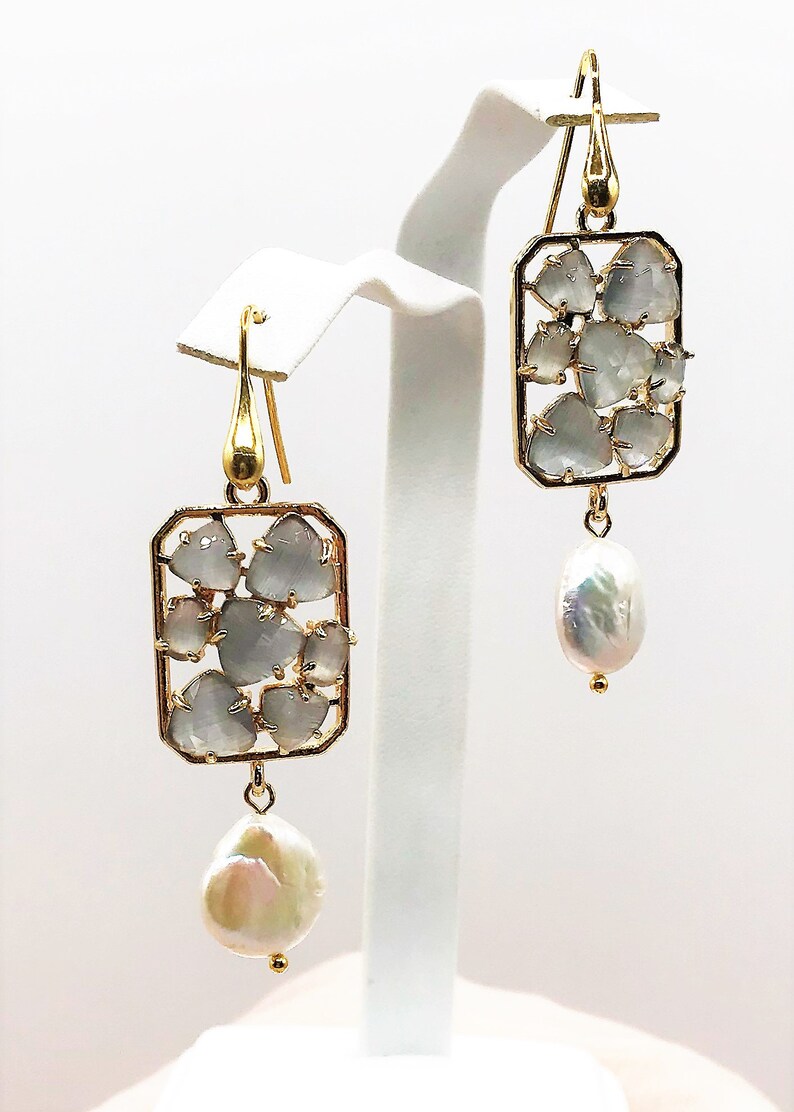 Light Grey Cat Eye Neutral Gold plated Sterling Ear Wire Freshwater Pearl Earrings