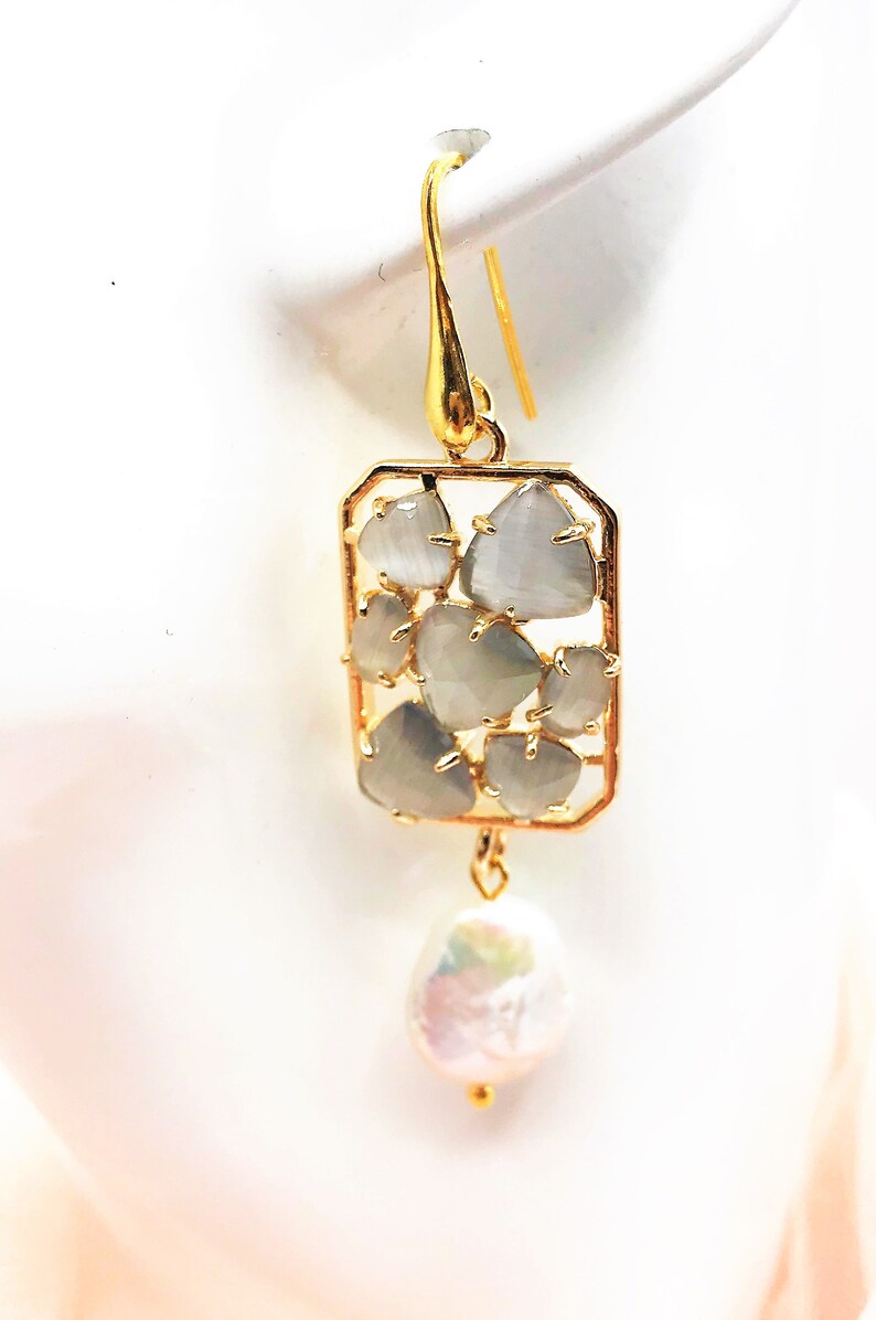 Light Grey Cat Eye Neutral Gold plated Sterling Ear Wire Freshwater Pearl Earrings