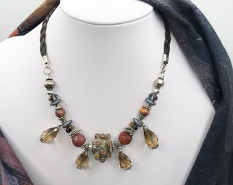 Murano Venetian Sculpted Glass Lamp work Bead Agate Leather Cord Necklace