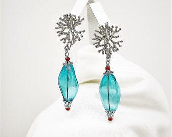 Murano Venetian Blown Glass Earrings, Aqua, Silver Coral Reef Ear Post, Statement, Tropical