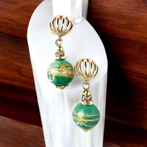 Murano Handblown Green Glass, Pink, 24K gold,  Earrings, Venetian,