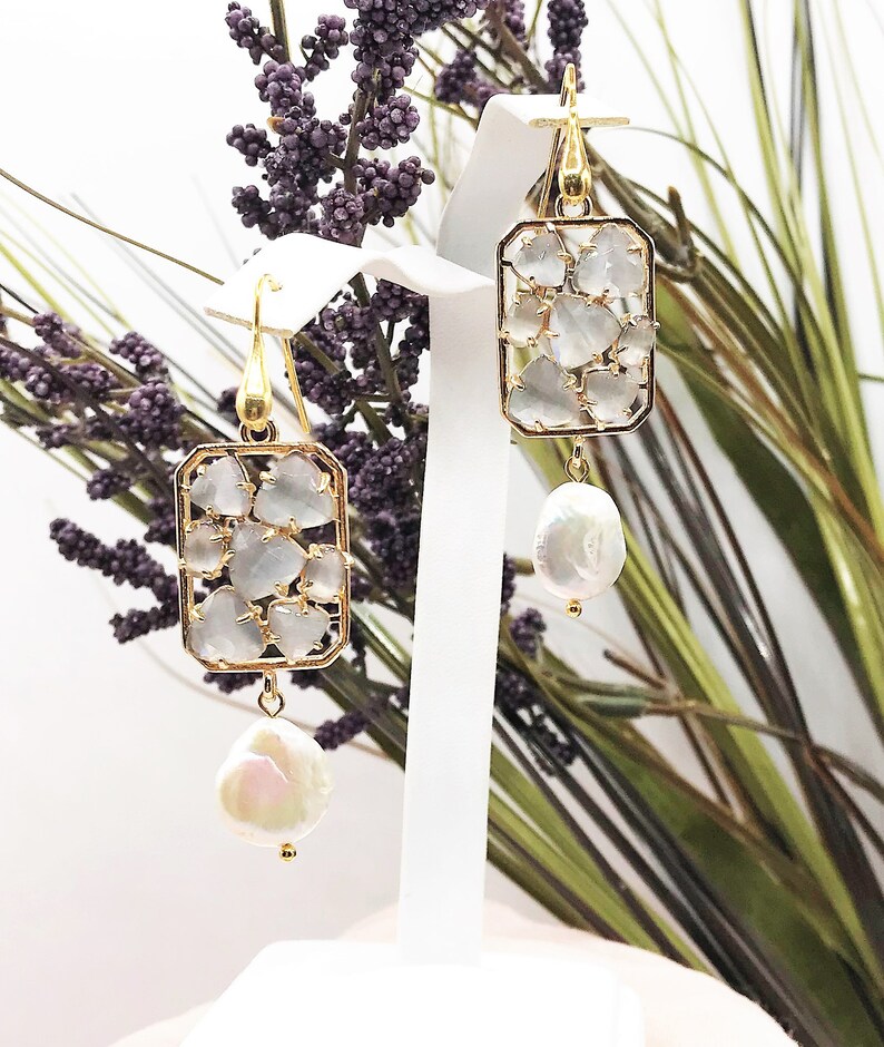 Light Grey Cat Eye Neutral Gold plated Sterling Ear Wire Freshwater Pearl Earrings