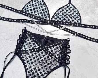 Crystal Noir Set, Festival Set, Rave Outfit, Rav Set,2 Piece Set, Sequin Set, Diamond Mesh, FREE SHIP