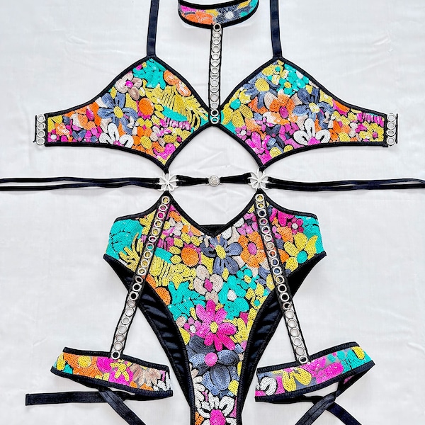 Daisy  Bodysuit, Festival Outfit, Rave Outfit, High quality sequin, Festival Bodysuit, Rave Set, Rave Bodysuit, EDC Outfit,Free shipping