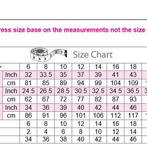 May include: Size chart for clothing with measurements in inches and centimeters. The chart includes sizes for Australia, UK, USA/Canada, and Europe. The chart shows bust, waist, and hip measurements.