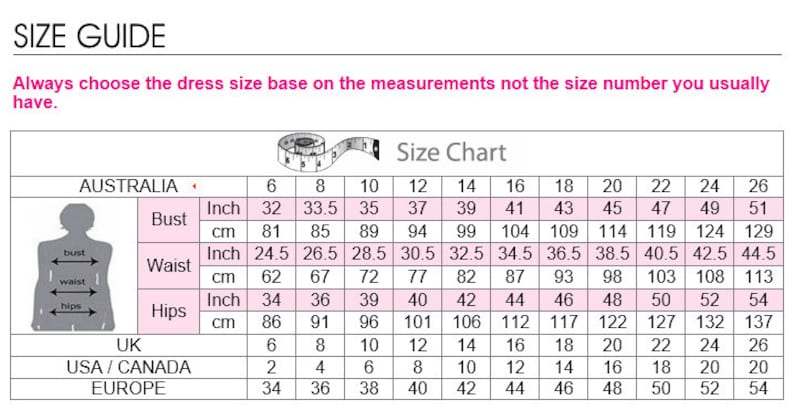 May include: Size chart for clothing with measurements in inches and centimeters. The chart includes sizes for Australia, UK, USA/Canada, and Europe. The chart shows bust, waist, and hip measurements.